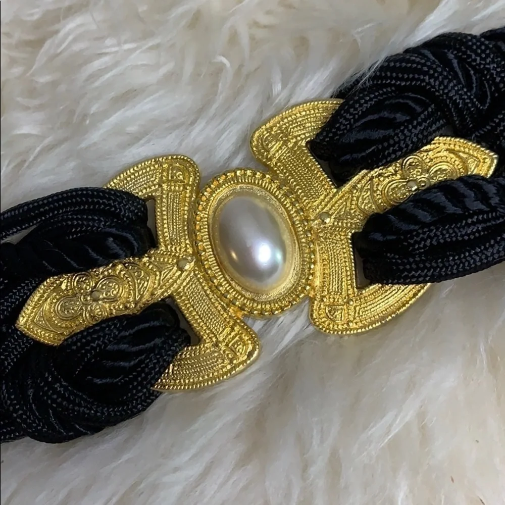 Vintage 80s Black Rope Gold Buckle Faux Pearl waist belt hook loop closure women